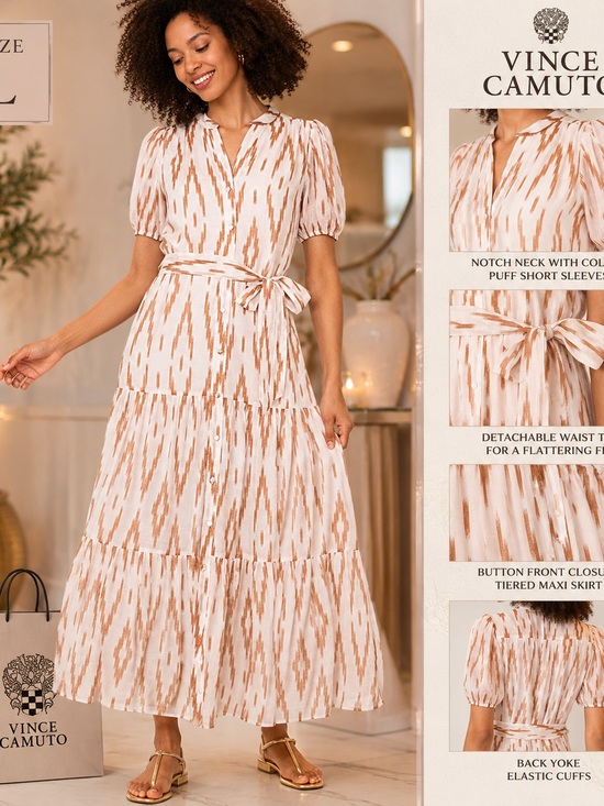 Vince Camuto Dresses & Skirts - Vince Camuto Cream and Tan Ikat Tiered Maxi Dress
